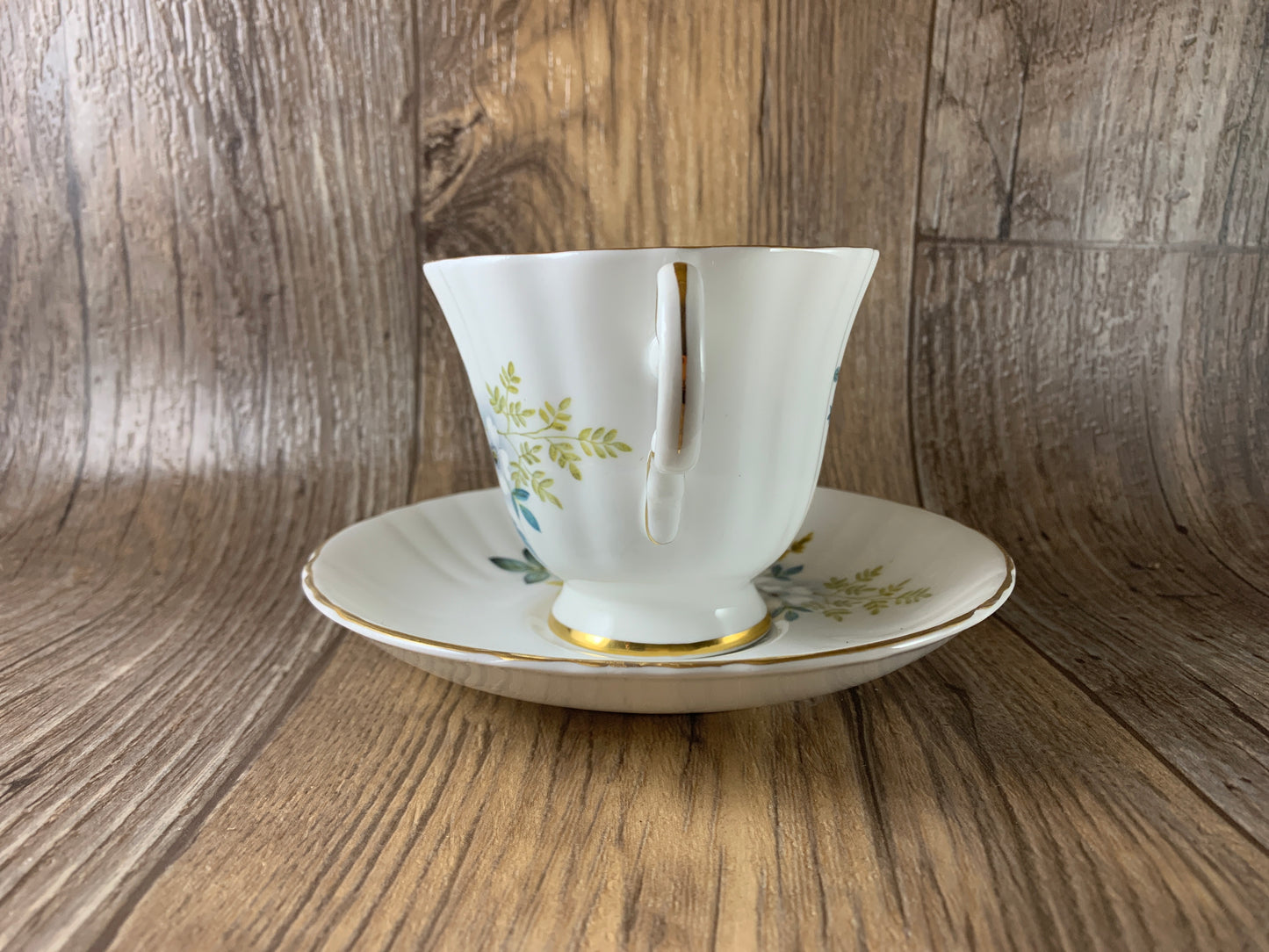 Vintage Teacup Royal Grafton Blue Grey and Yellow Floral Teacup and Saucer