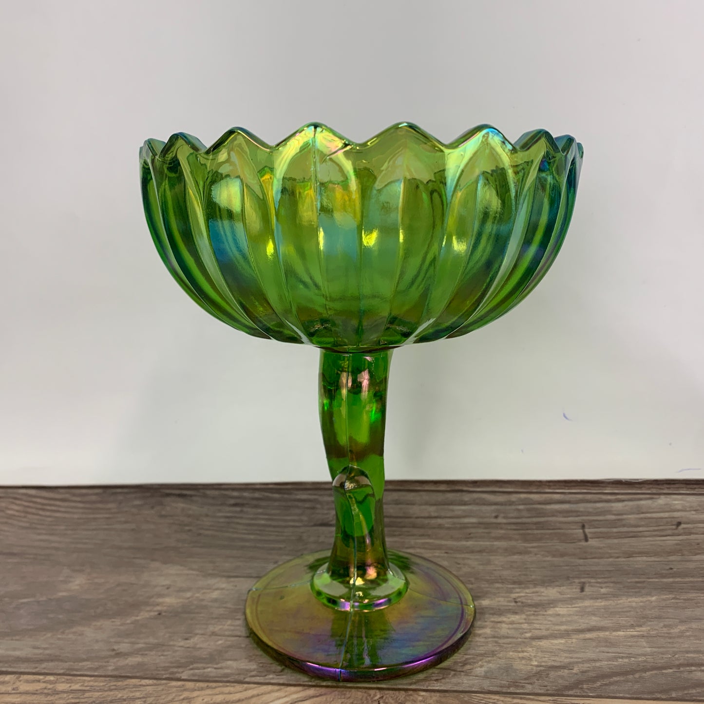 Indiana Lotus Green Carnival Glass Flower Shaped Pedestal Dish