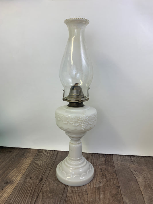 Milk Glass Pedestal Oil Lamp with Grapevine Pattern Early American Oil Lamp Made in USA White Flame Burner Grand Rapids Michigan