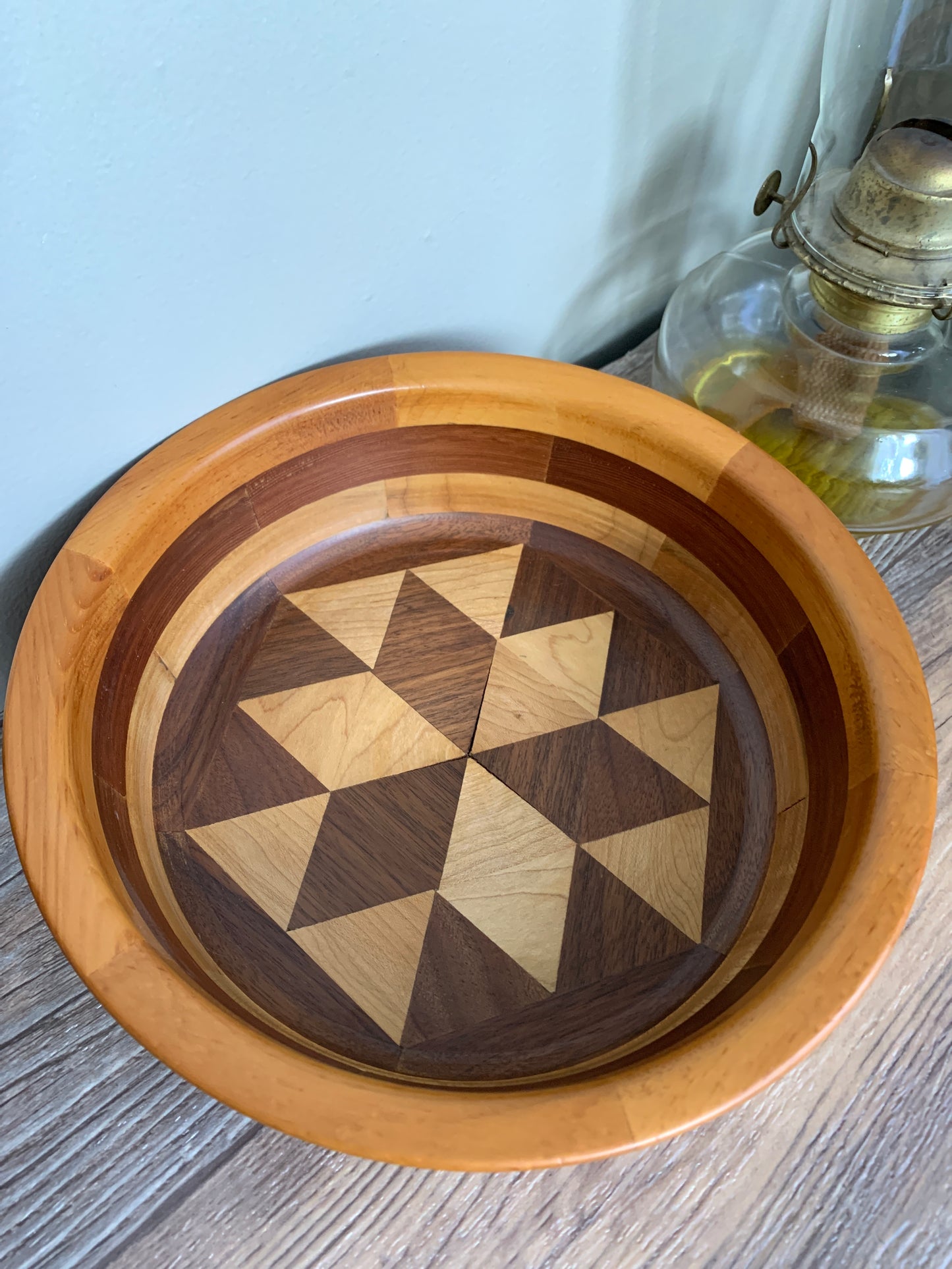 Vintage Wood Turned Bowl Multi Coloured Wood Hand Made Geometric Pattern Vintage Home Decor