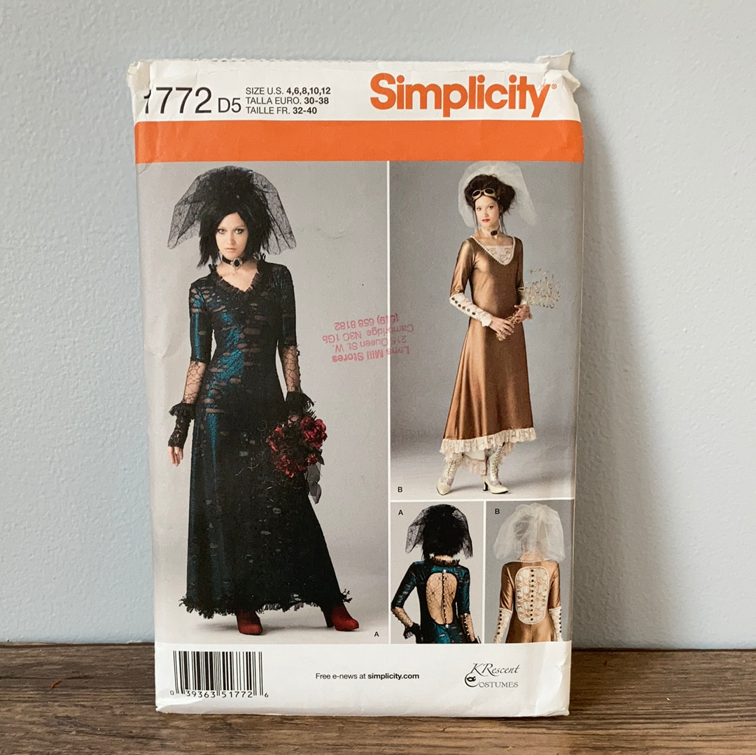 Misses Historical Costume Dress Sewing Pattern Size 4 to 12 Simplicity 1772 Steampunk Dress Goth Costume Backless Dress with Veil