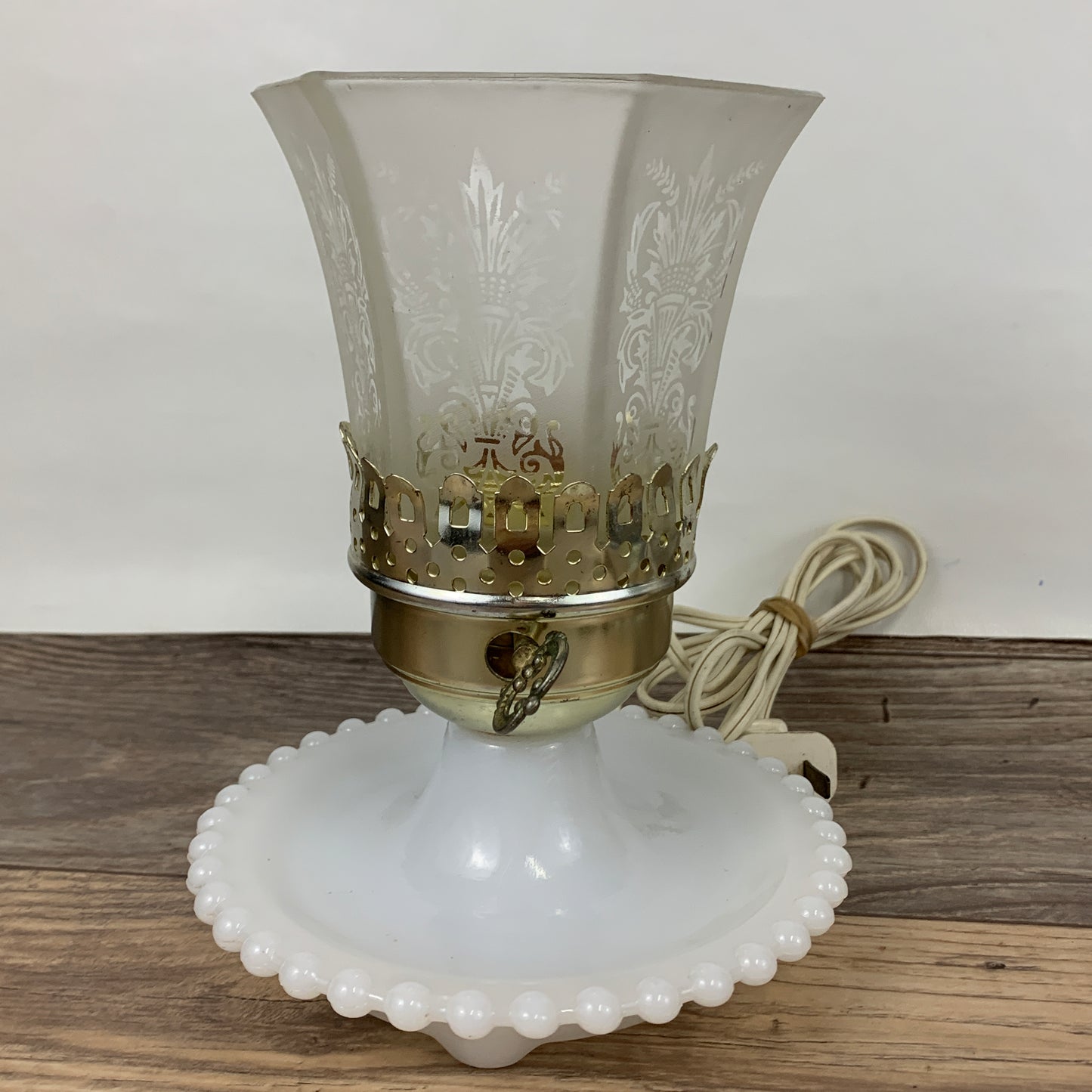 Vintage Accent Lamp Milk Glass Base with Beaded Edge and Frosted Shade Lamp