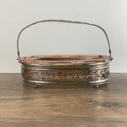 Pink Depression Glass Serving Dish with Carrier