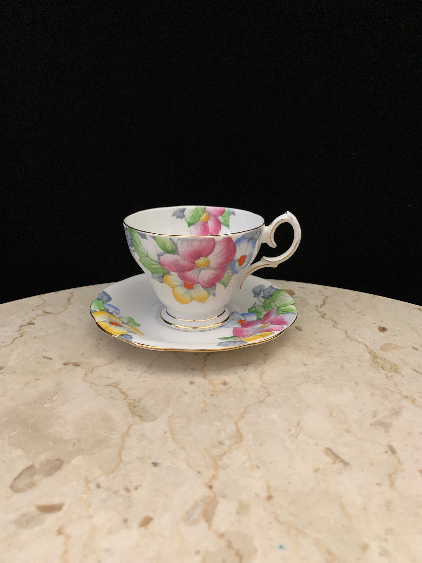 Hand Painted Blue, Pink, and Yellow Floral Tea Cup Bell China Vintage Teacup and Saucer