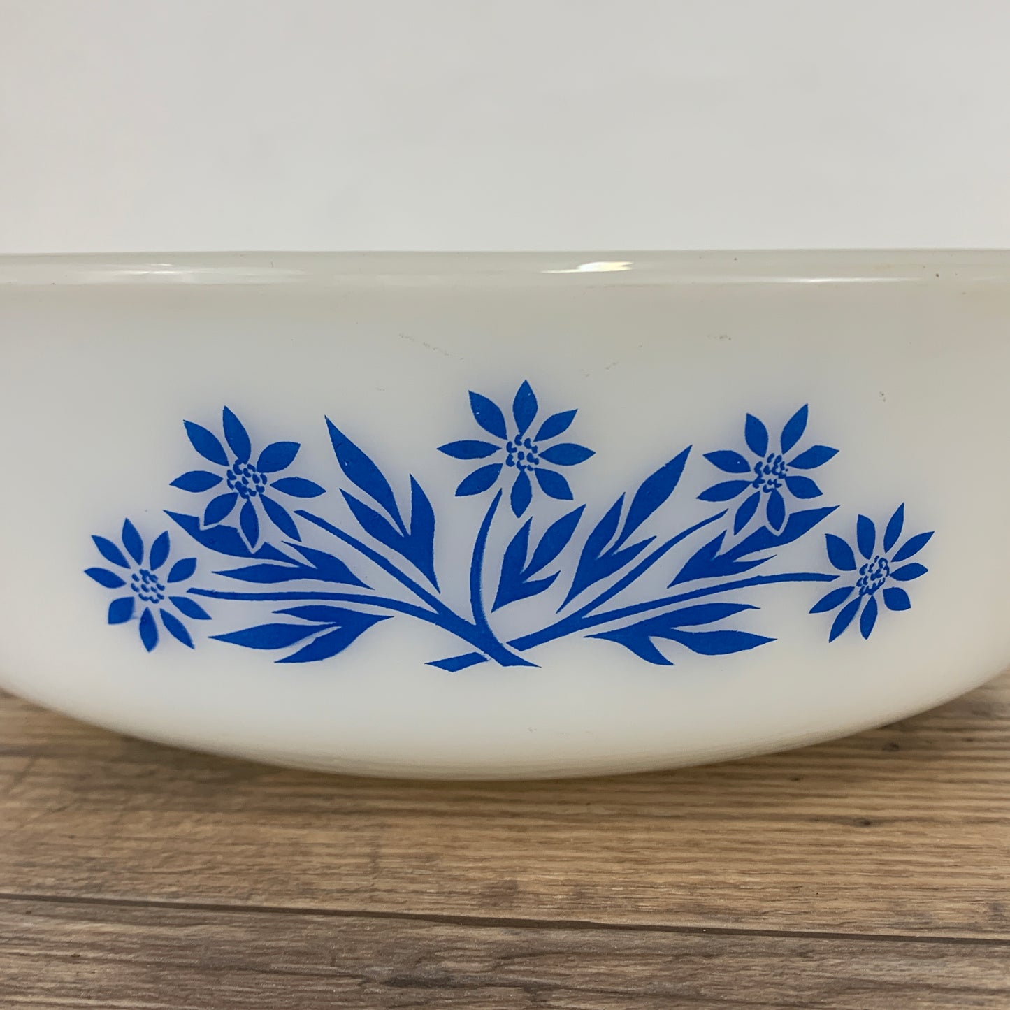 Milk Glass Casserole Dish with Blue Cornflower, Vintage Anchor Hocking FireKing