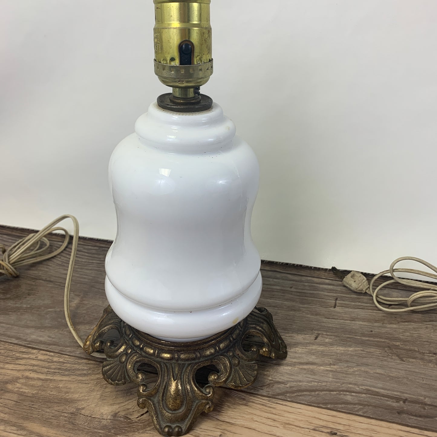 Pair of Milk Glass Table Lamps with Cast Metal Base
