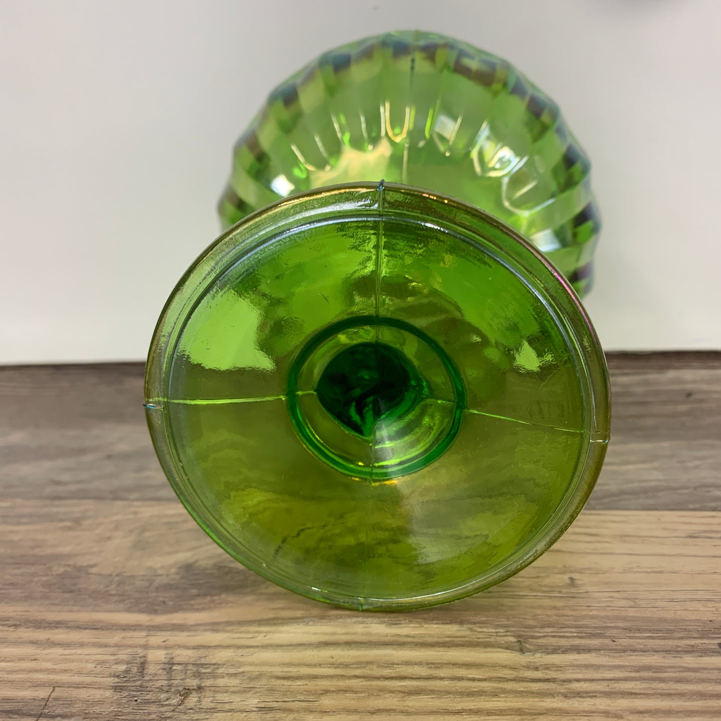 Indiana Lotus Green Carnival Glass Flower Shaped Pedestal Dish