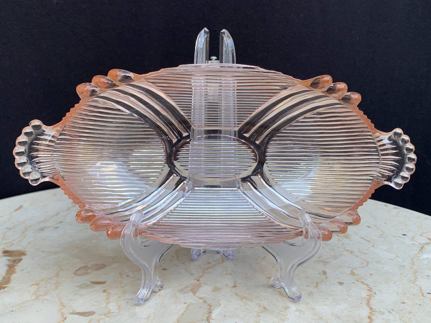 Pink Depression Glass Oval Dish with Beaded Handles Vintage Glass Jewelry Dish Catch All