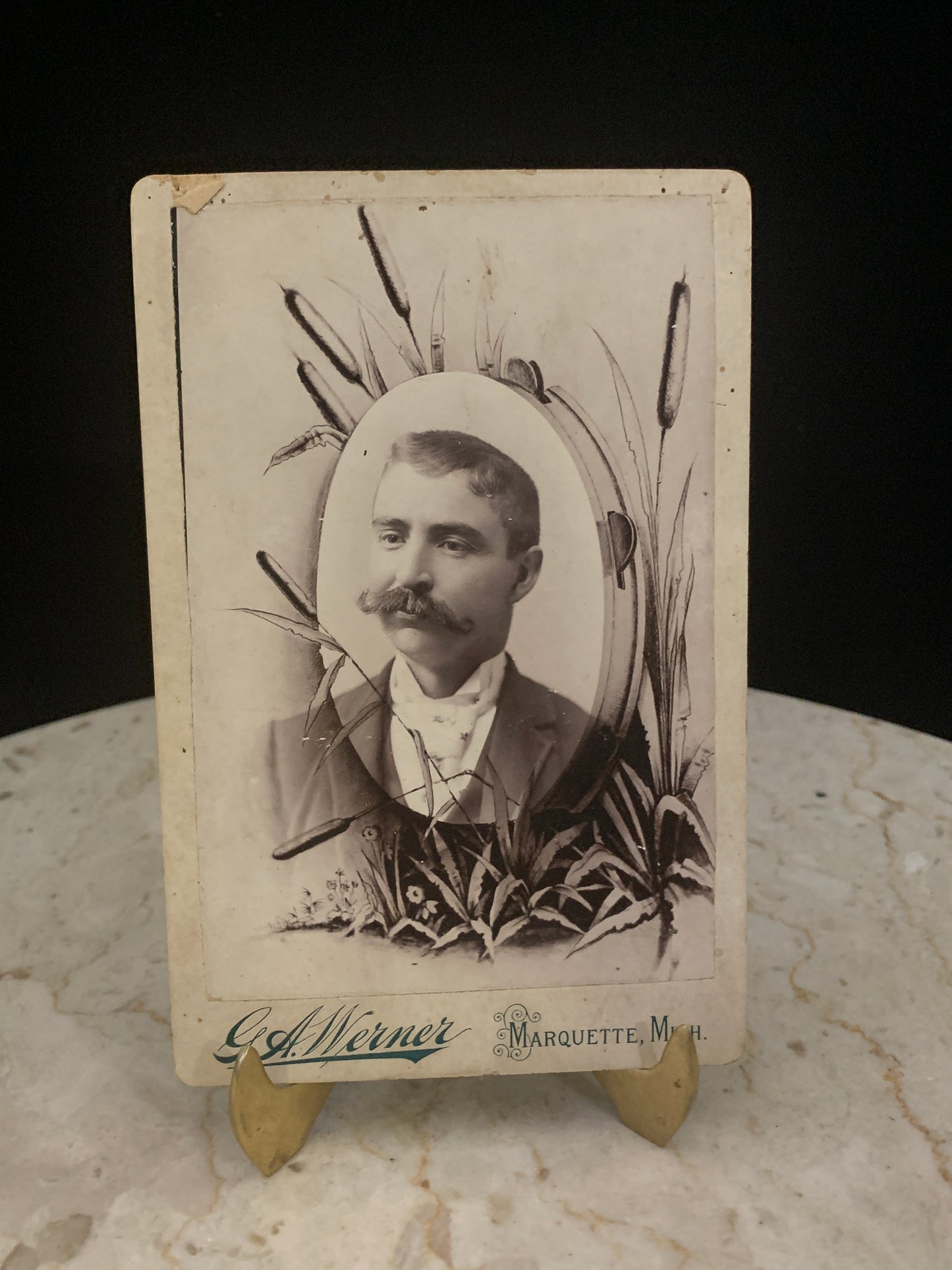 Black and White Photo Card Curled Moustache Gentleman