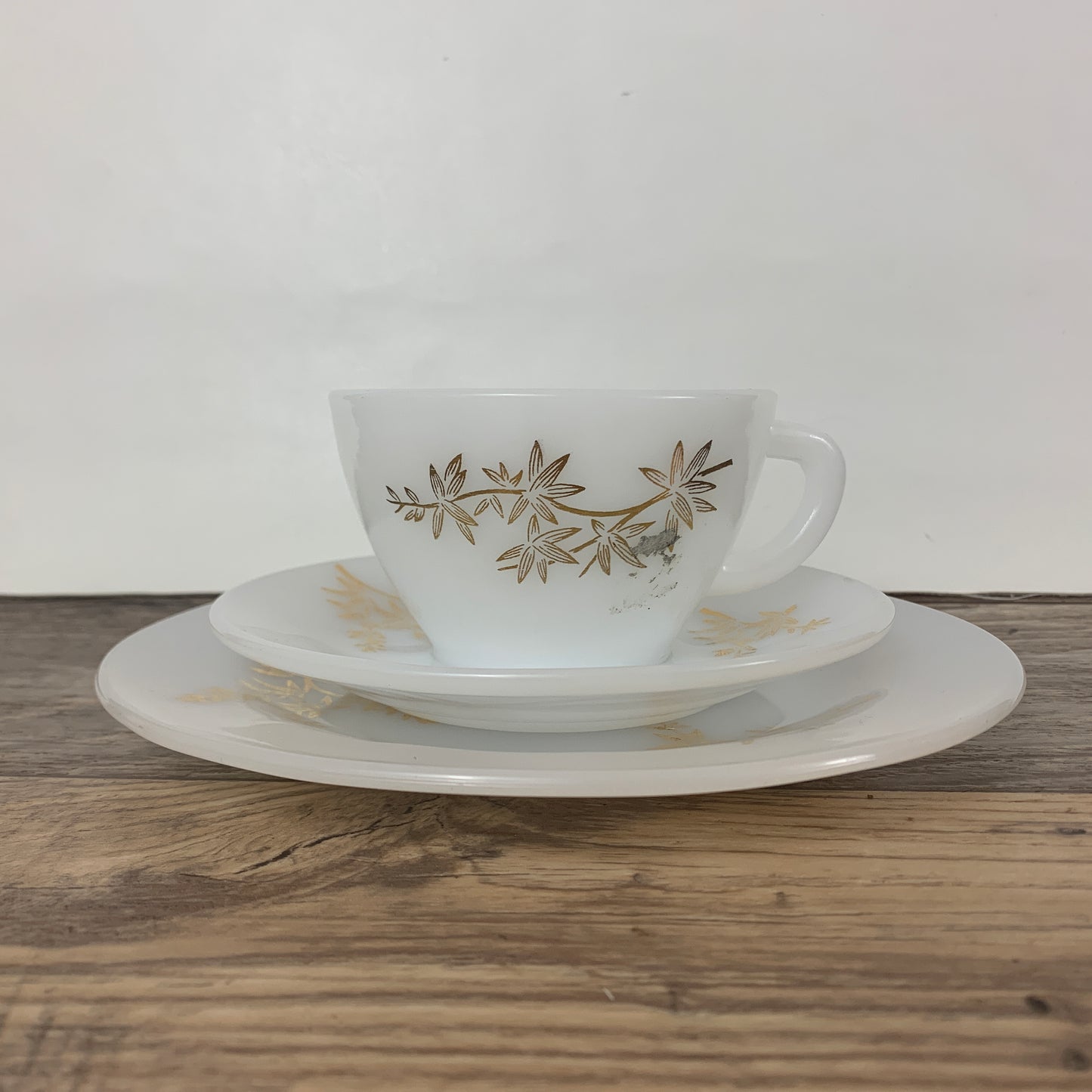 Vintage Federal Glass Golden Glory Milk Glass Teacup, Saucer, and Snack Plate, 3 piece Trio