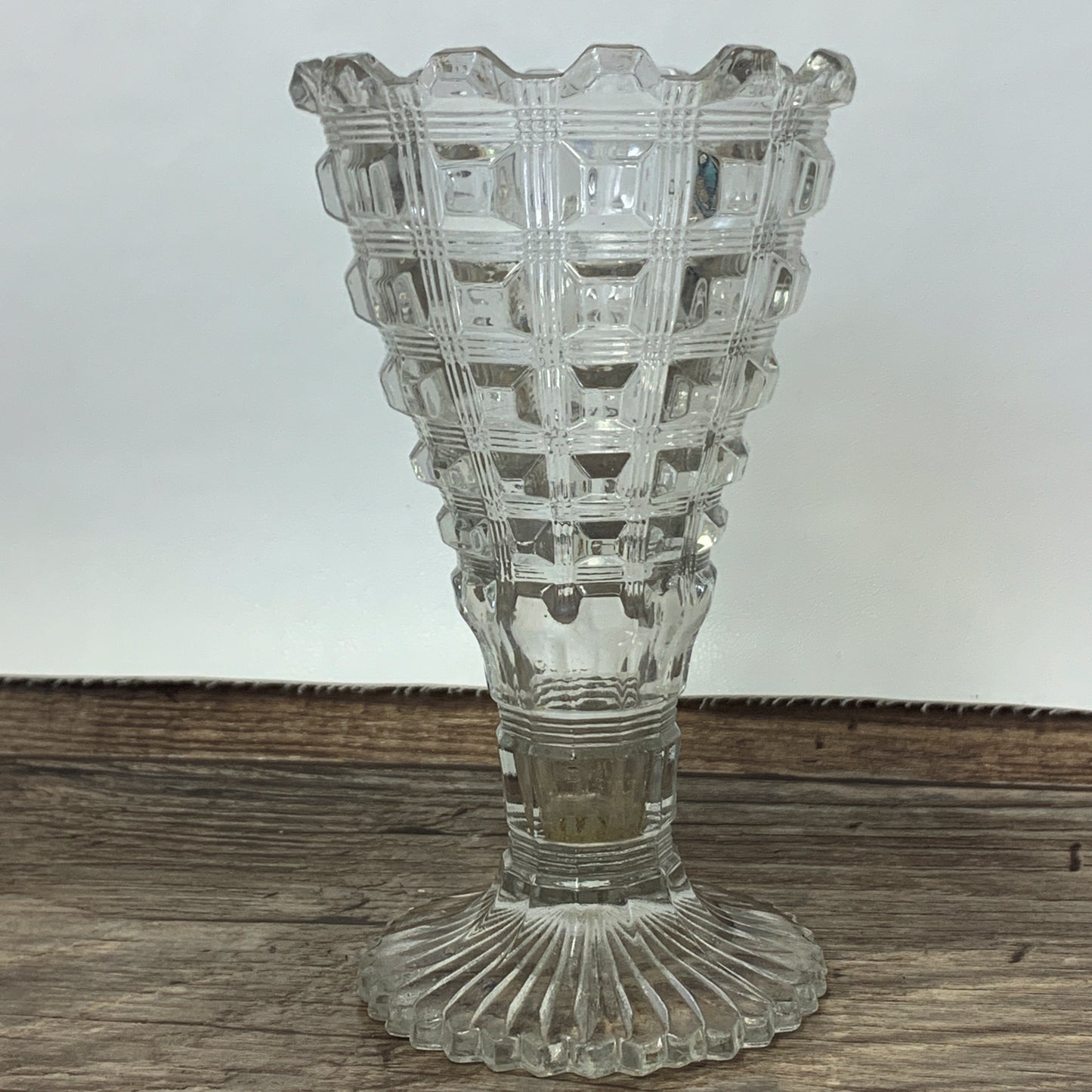 Antique Glass Vase with Square Pattern. Clear Pressed Glass Vase EAPG