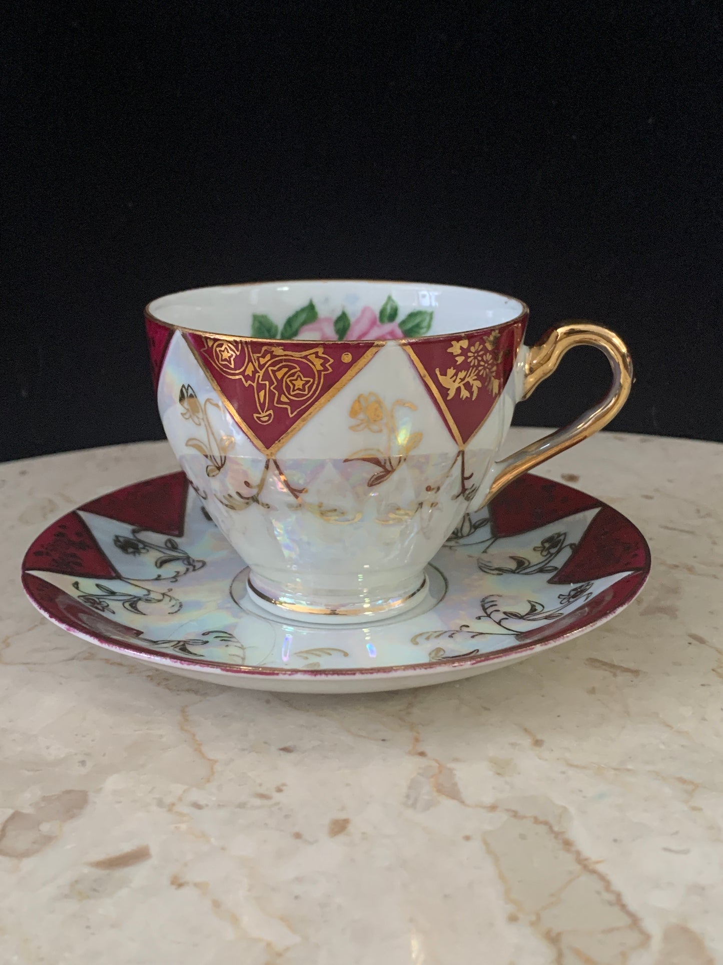 Burgundy Luster Ware Tea Cup and Saucer Made in Japan