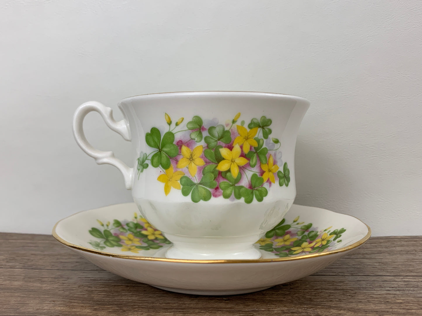 Vintage Teacup with Green Shamrocks and Yellow Flowers