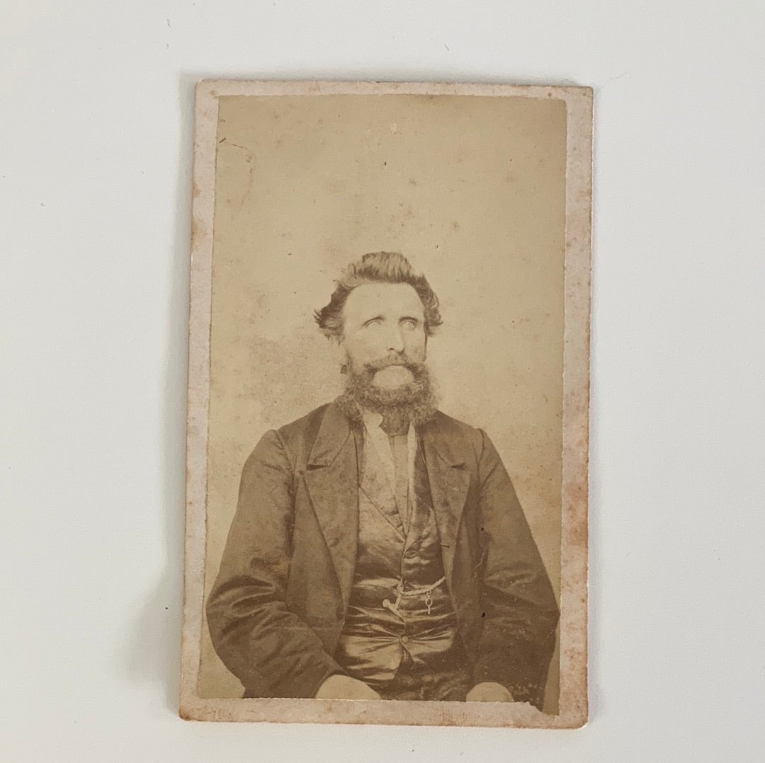 1800s Black and White Photo Original Antique Sepia Photograph of a Man with Beard Cabinet Card CDV