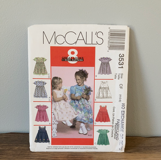 Girls Summer Dress and Pinafore Sewing Pattern Size 4 to 6 McCalls 3531