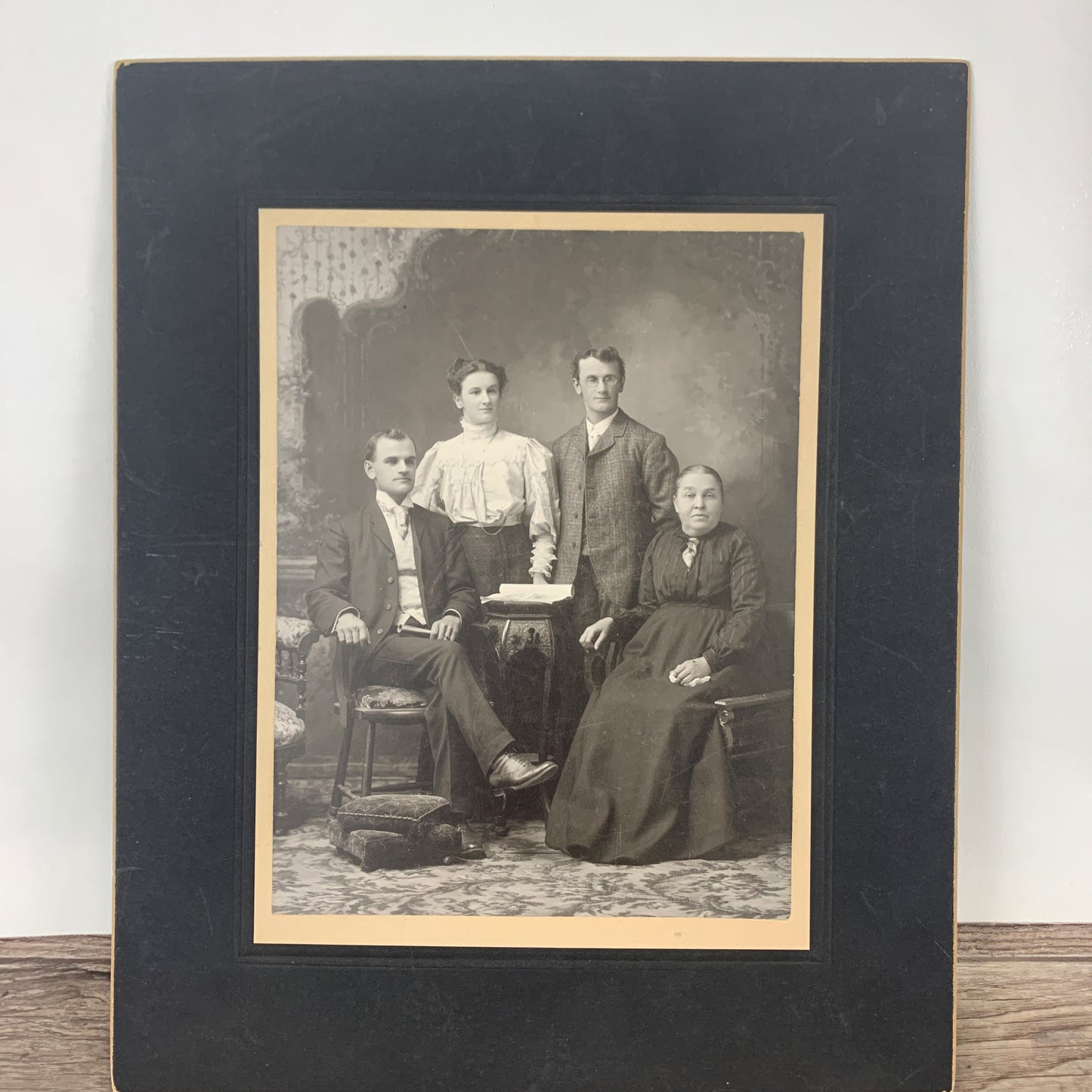Antique Family Portrait, Matted on Cardboard, Large Black and White Victorian Photo