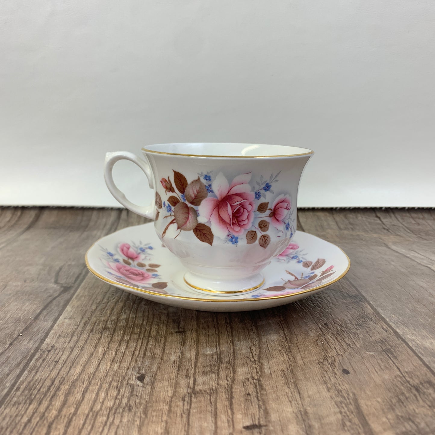 Pink and Blue Floral Teacup, Queen Anne Vintage Tea Cup and Saucer Set