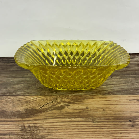 Vintage Anchor Hocking Yellow Glass Dish with Diamond Pattern, Small Square Pressed Glass Bowl