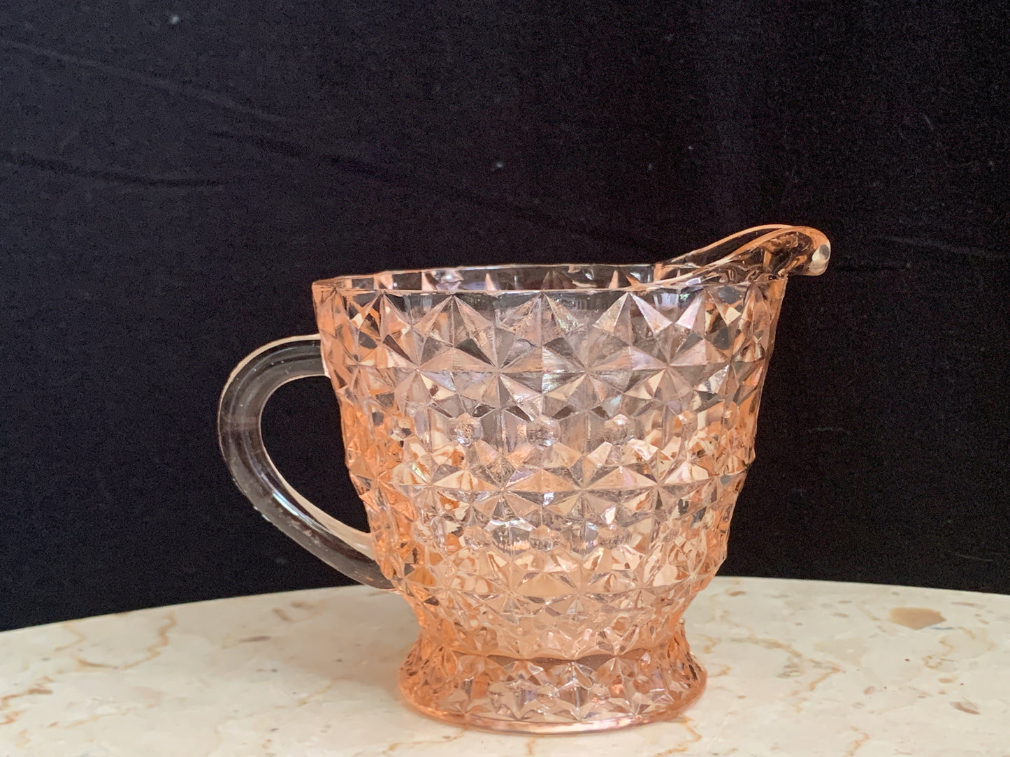 Pink Depression Glass Cream Pitcher, Jeanette Glass Buttons and Bows, Jeanette Glass Holiday Pattern