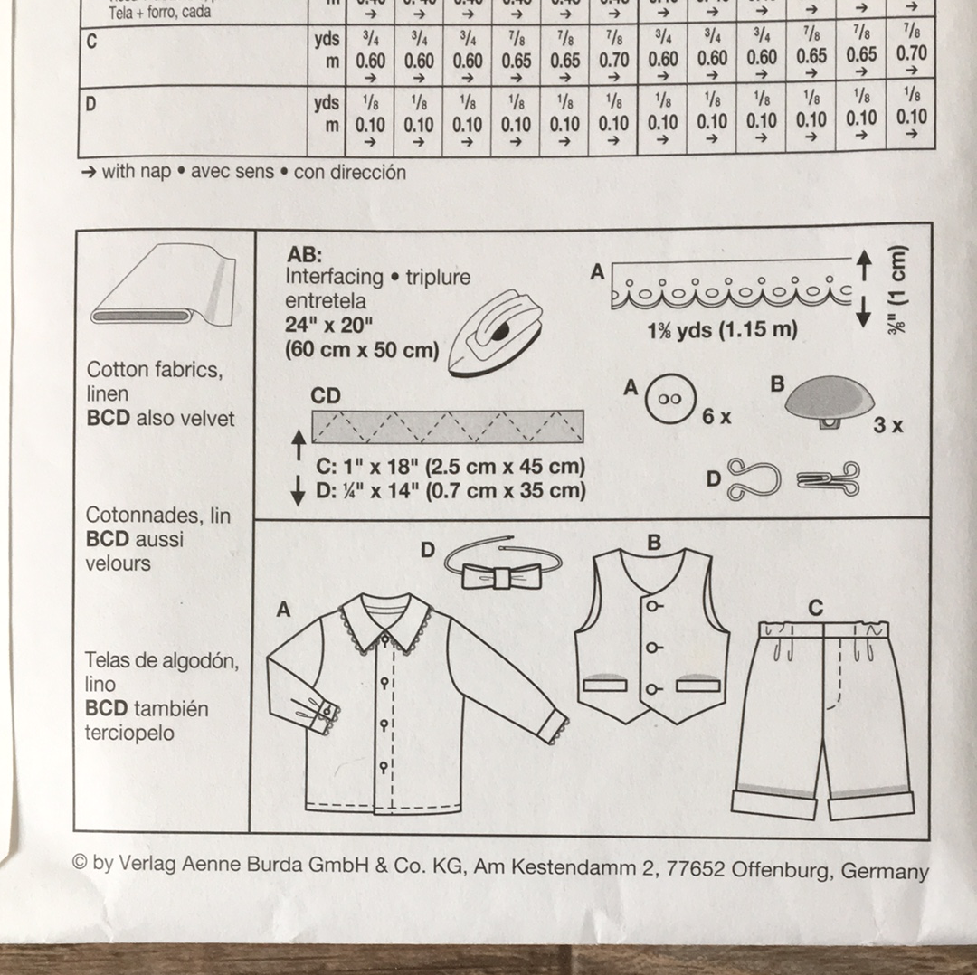 Boys Formal Shirt Vest and Pants Sewing Pattern Size 6M to 3T Burda 9732