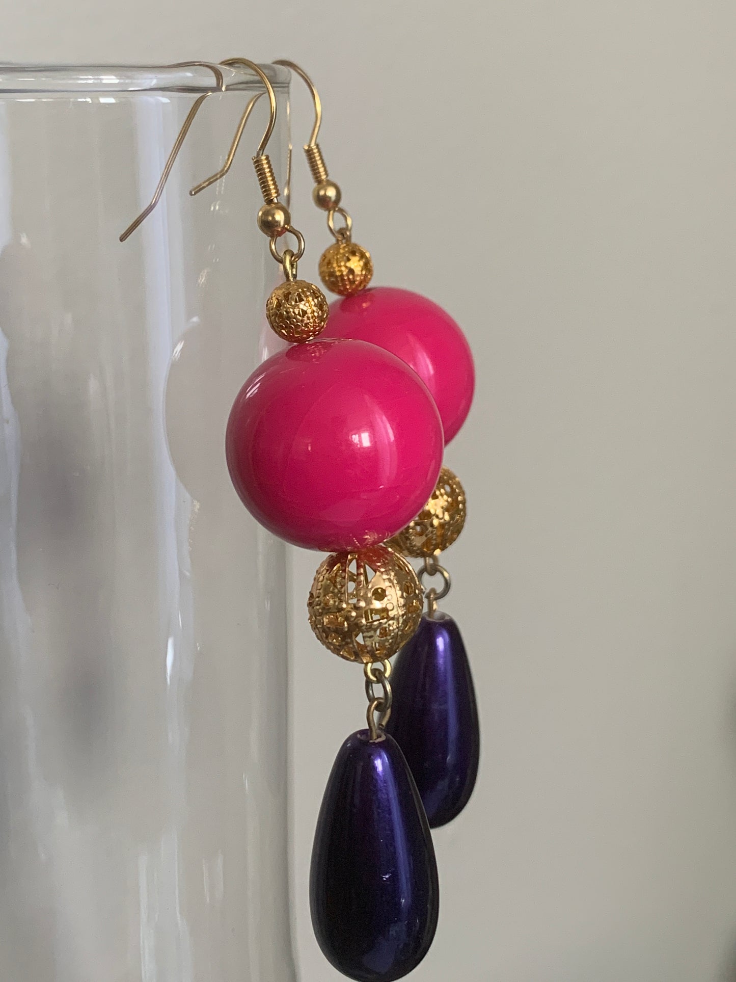 Pink and Purple Vintage Earrings 80s Dangle Earrings Colourful Earrings