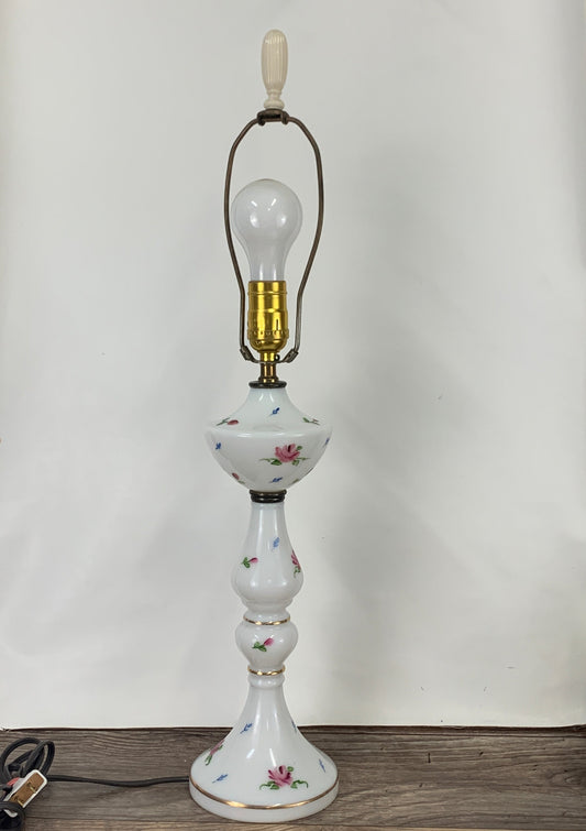 Vintage Milk Glass Table Lamp with Hand Painted Floral Design