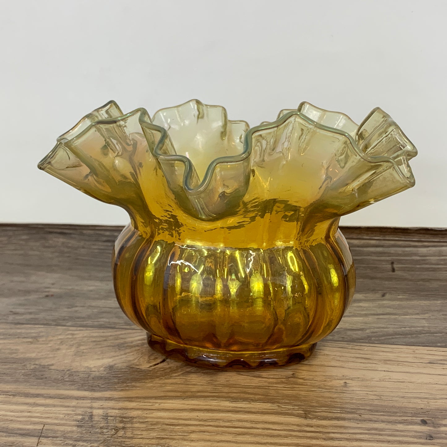 Vintage Carnival Glass Bowl with Crimped Rim, Amber Glass Ruffle Bowl