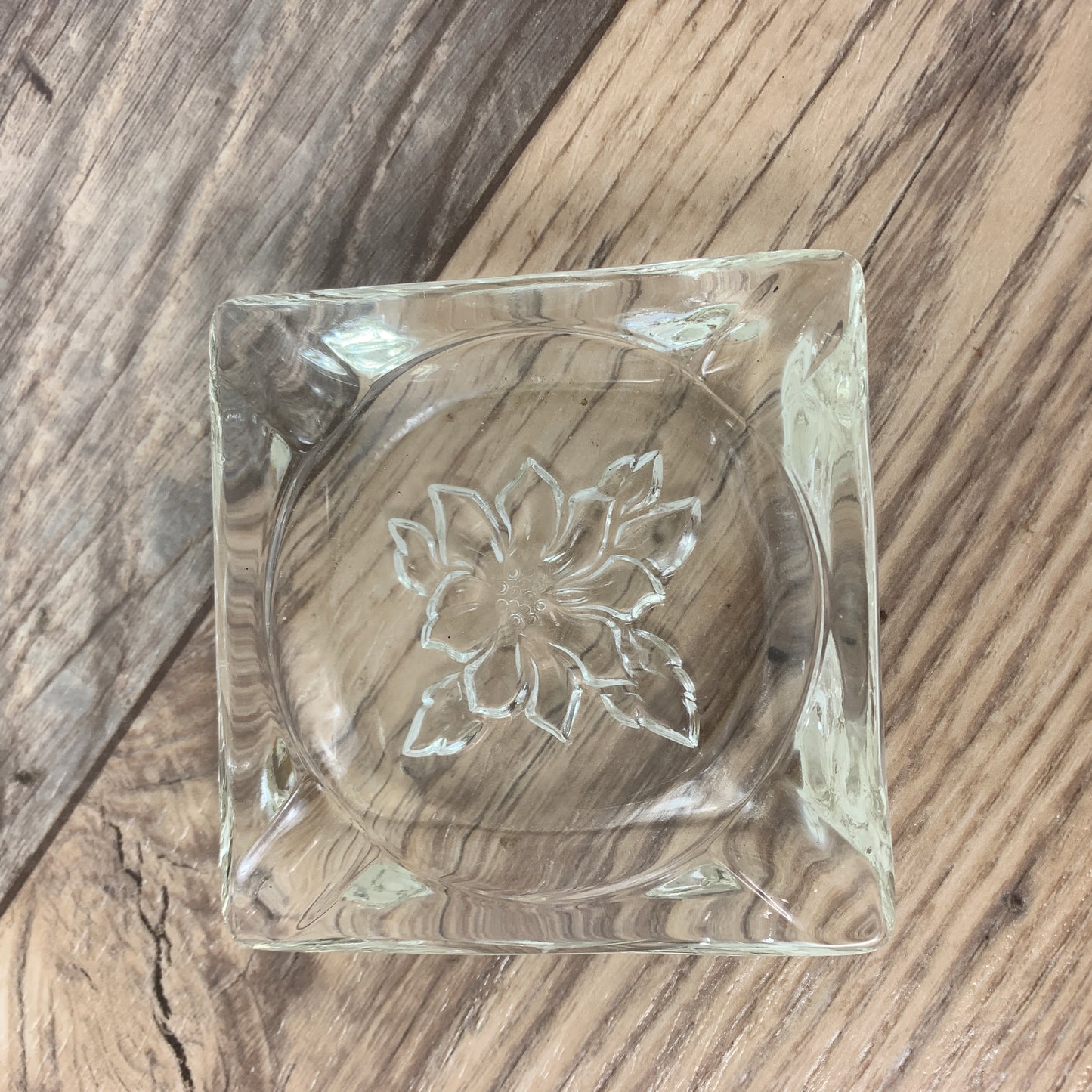 Small Pressed Glass Ashtray with Flower