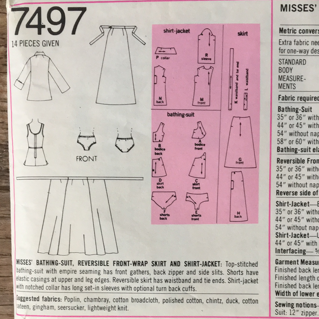 Ladies Bathing suit Wrap skirt Cover up Vintage Sewing Pattern Size 10 Simplicity 7497