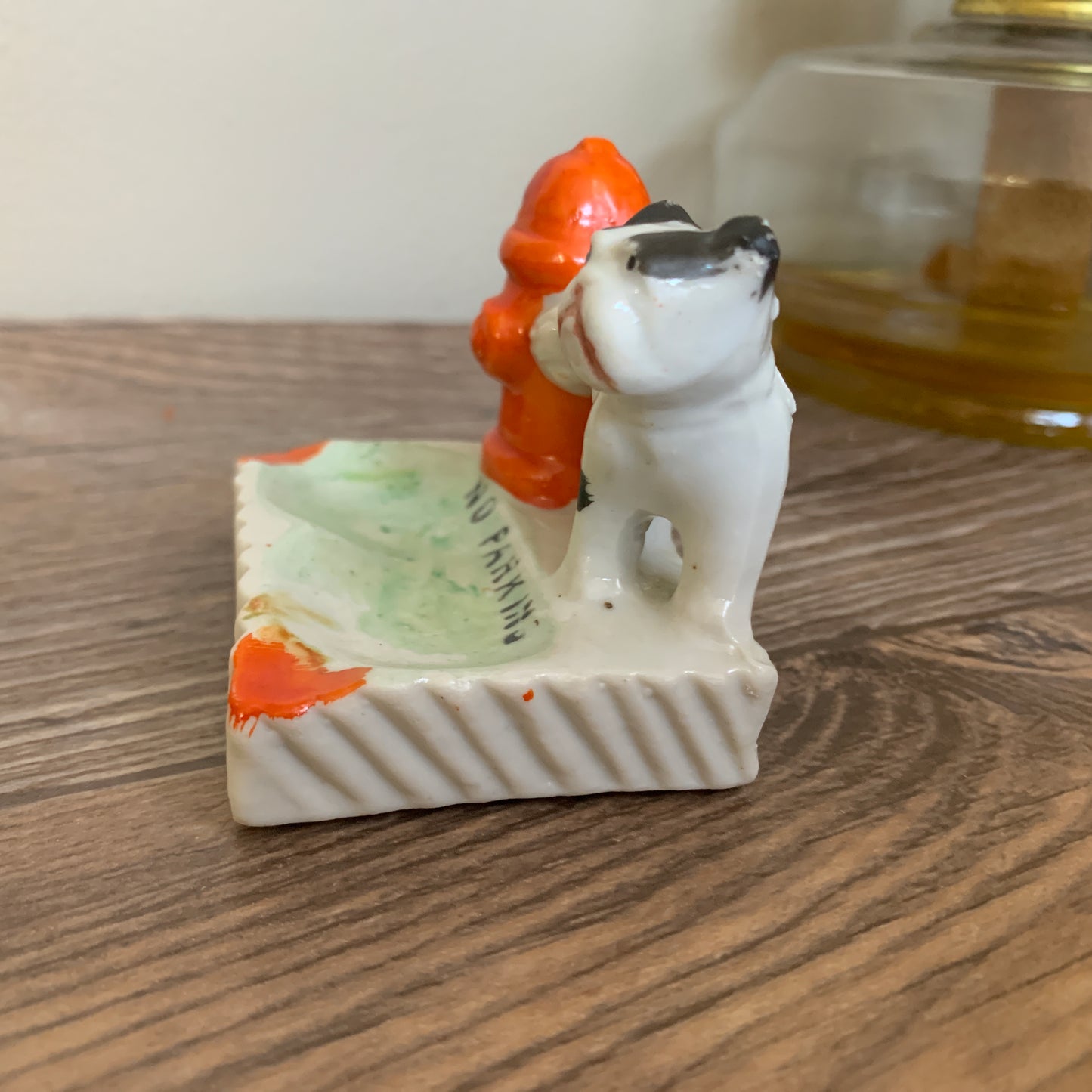 Mini Ceramic Ashtray No Parking Dog Peeing on Fire Hydrant Made in Japan collectibe