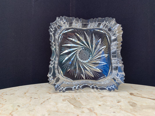 Vintage Large Clear Ashtray Cut Crystal Pinwheel Design