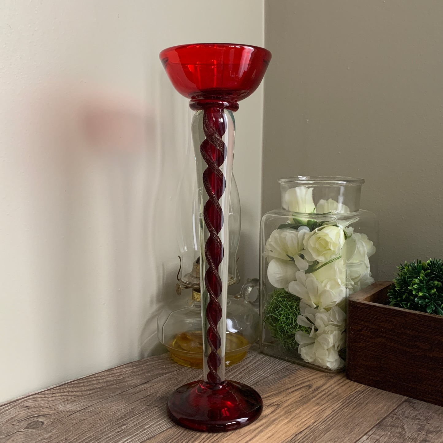 Red Art Glass Tall Display Piece with Red and Gold Twisted Stem