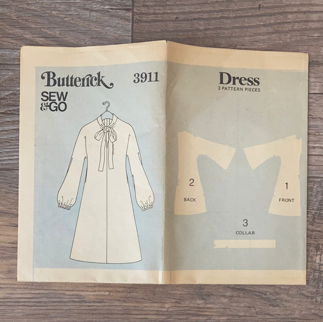 Ladies Long Sleeve Dress Vintage Sewing Pattern Size 10 Butterick 3911