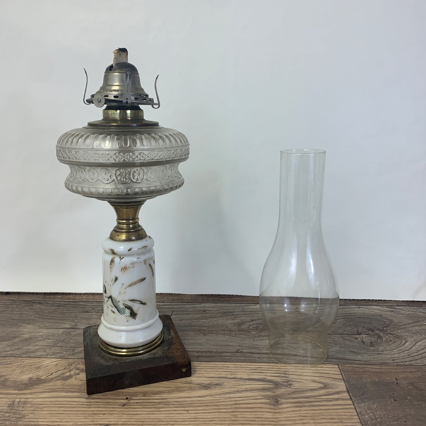 Antique EAPG Oil Lamp Hand Painted Milk Glass Pedestal Early American Pressed Glass, White Flame Burner