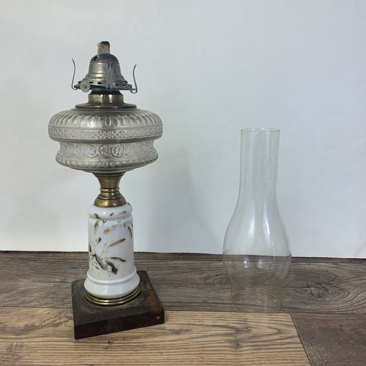 Antique Oil Lamp with Milk Glass and Cast Base