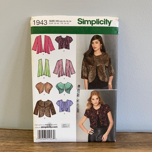 Misses Knit and Woven Jackets Cropped Jacket Sewing Pattern Size 6 to 14 Simplicity 1943