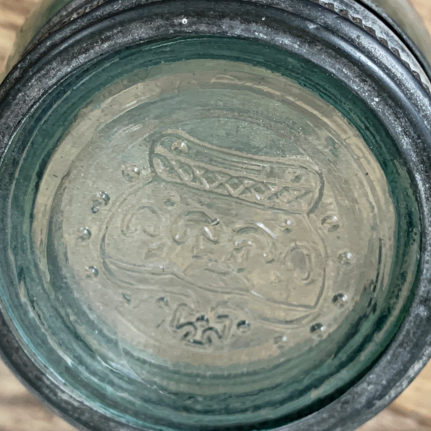 Aqua Crown Quart Size Jar 7" tall with Zinc Ring, Dry Storage, Stash Jar, Antique Farmhouse