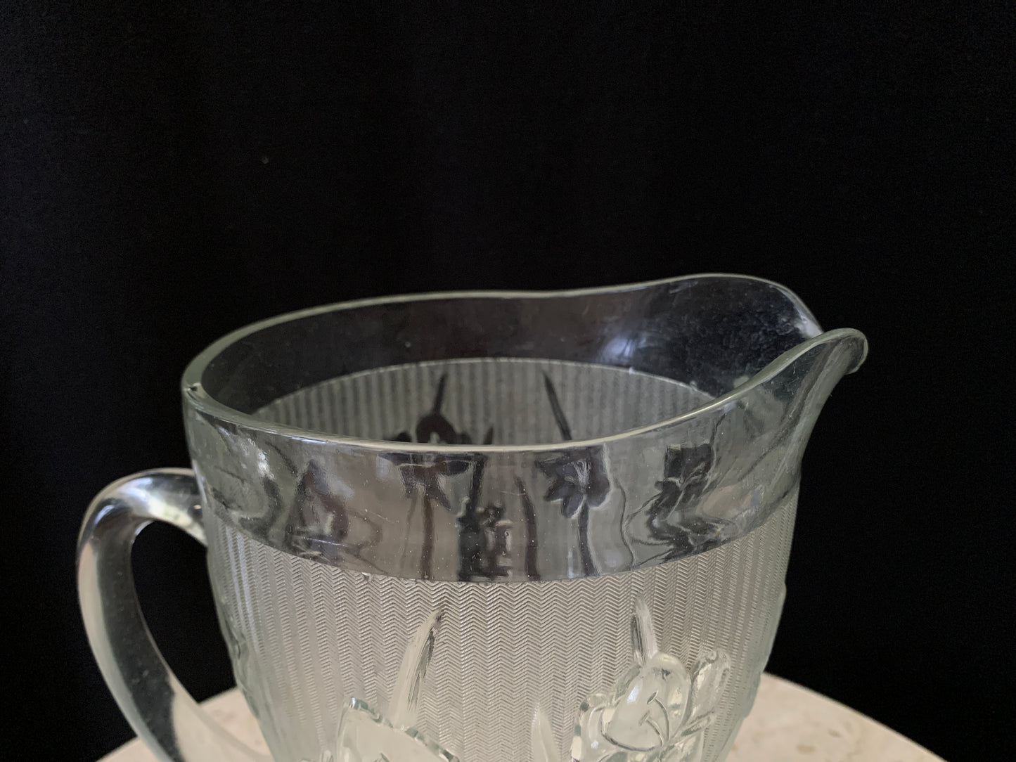 Iris and Herring Bone Large Water Jug Depression Glass Pitcher Jeanette Glass 56 oz Lemonade Pitcher