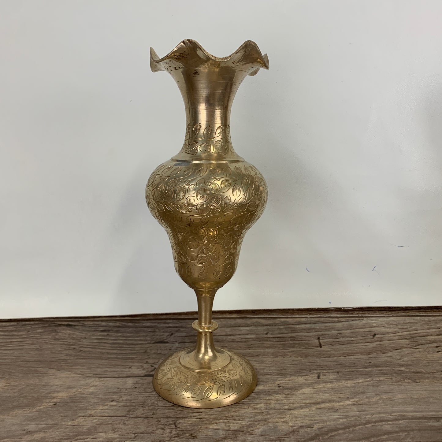Tall Brass Vase with Etched Leaf Design