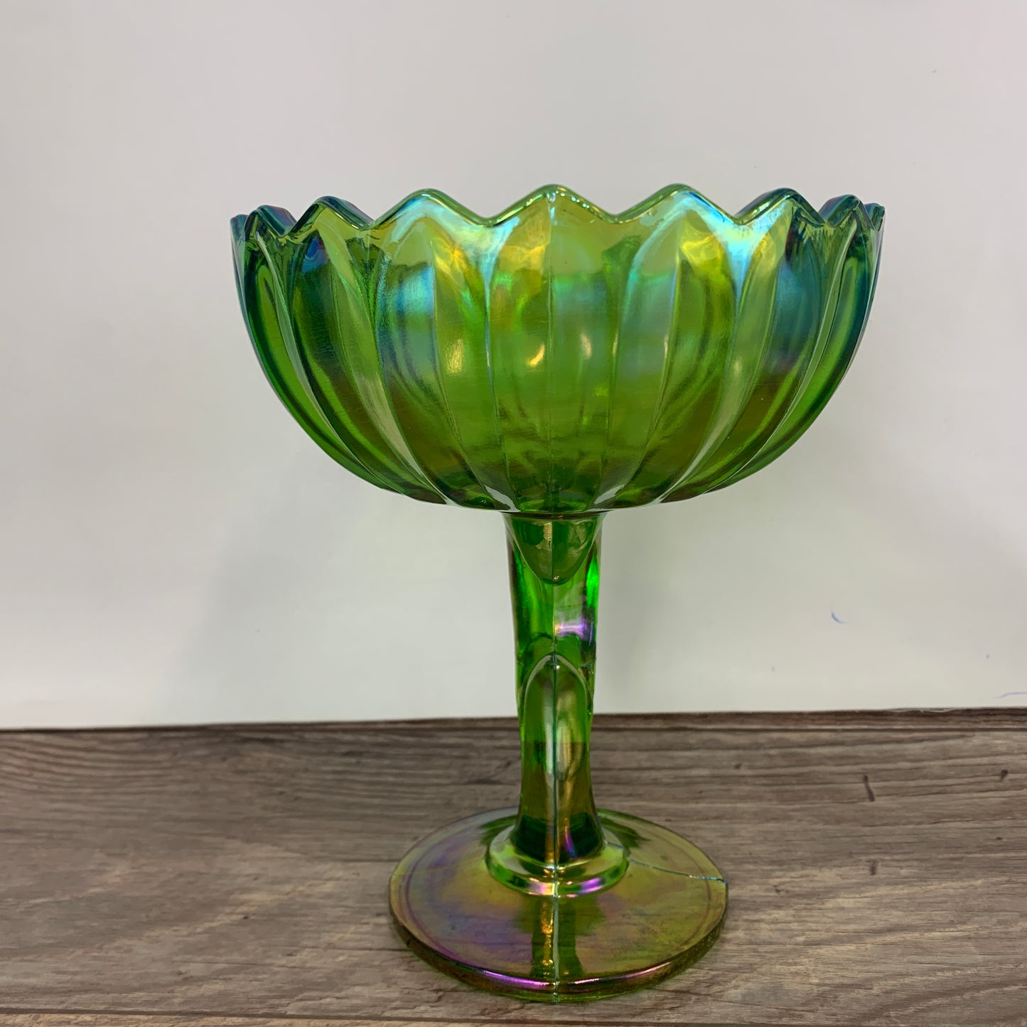 Indiana Lotus Green Carnival Glass Flower Shaped Pedestal Dish