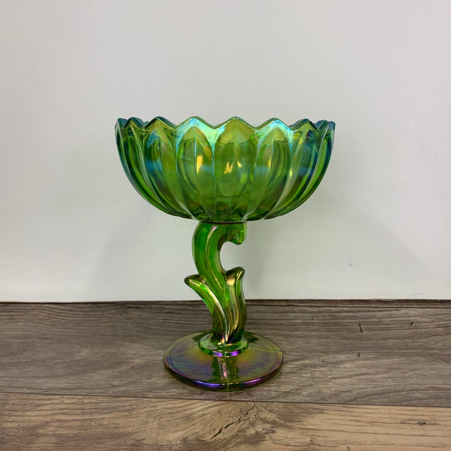 Indiana Lotus Green Carnival Glass Flower Shaped Pedestal Dish