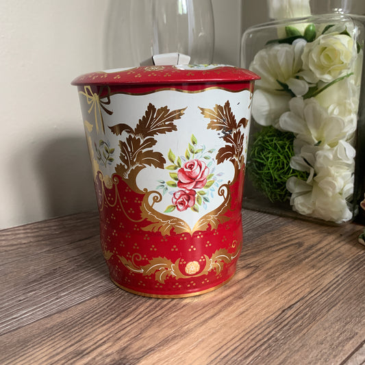 Red and White Tin with Gold Design Vintage Tin with Smooshed Lid