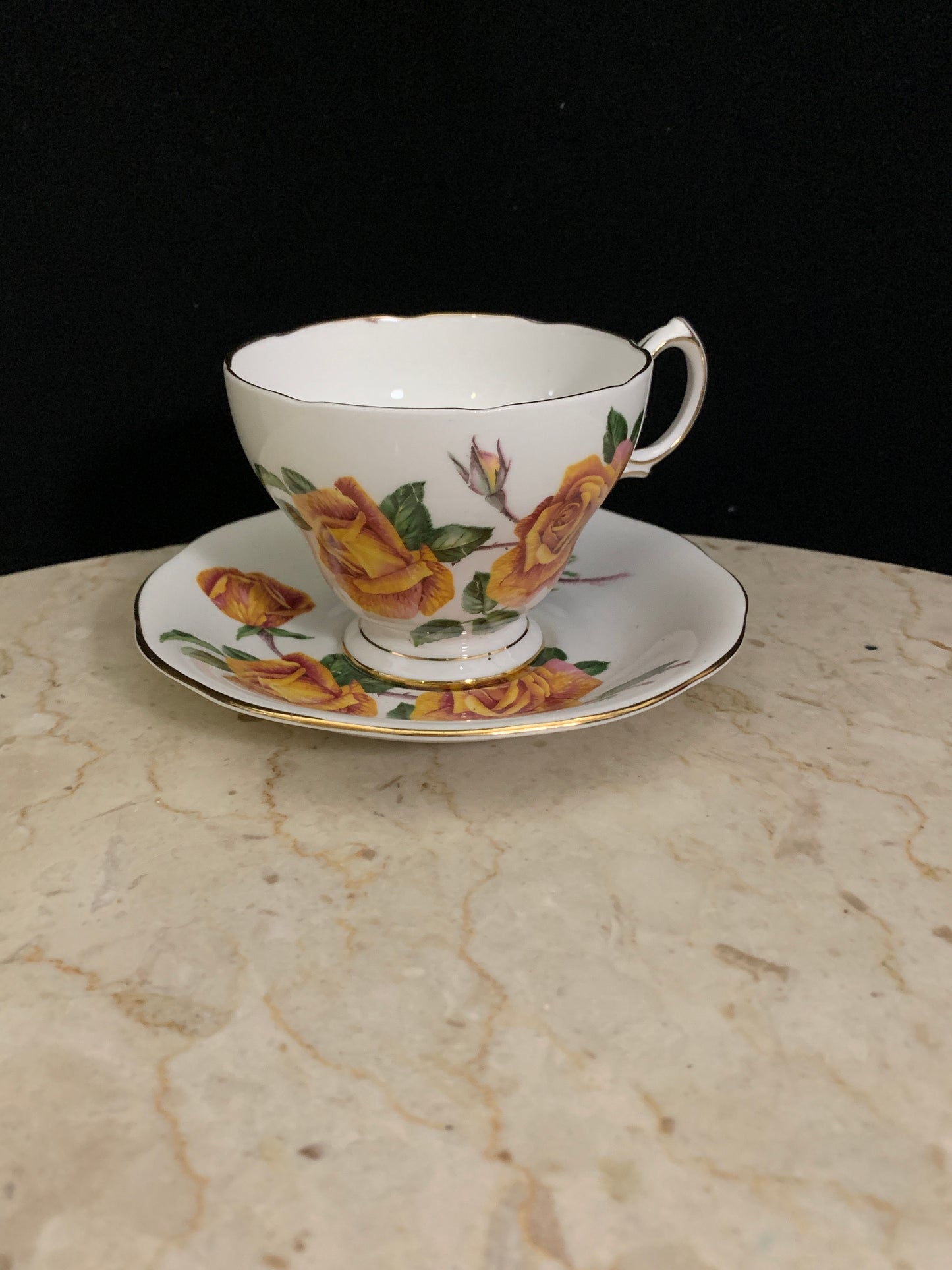 Royal Roses Vintage Tea Cup and Saucer White Teacup with Yellow and Pink Roses