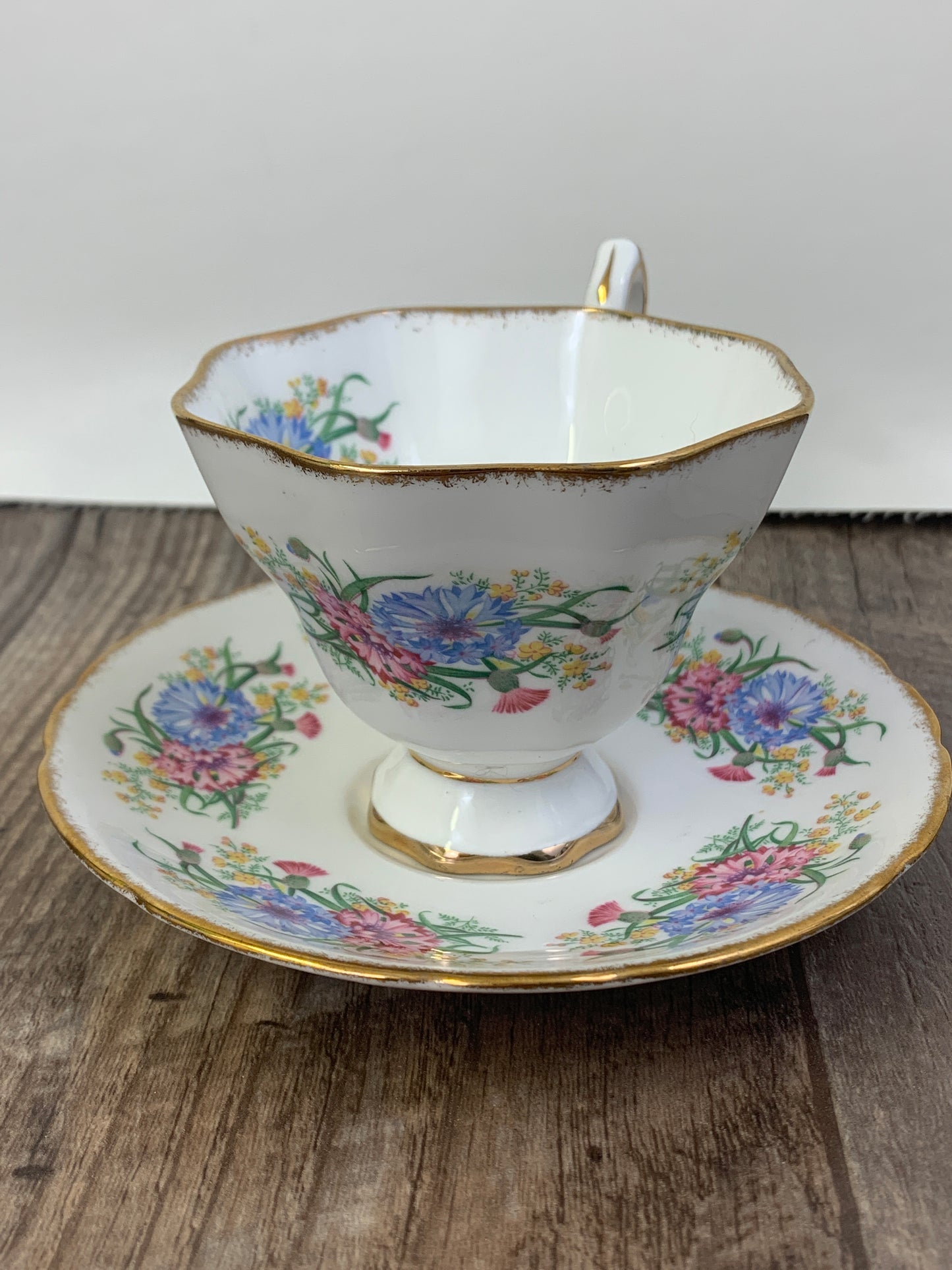 Pink and Blue Thistles Stafford Floral Tea Cup Vintage Teacup with Pink and Blue Floral Pattern