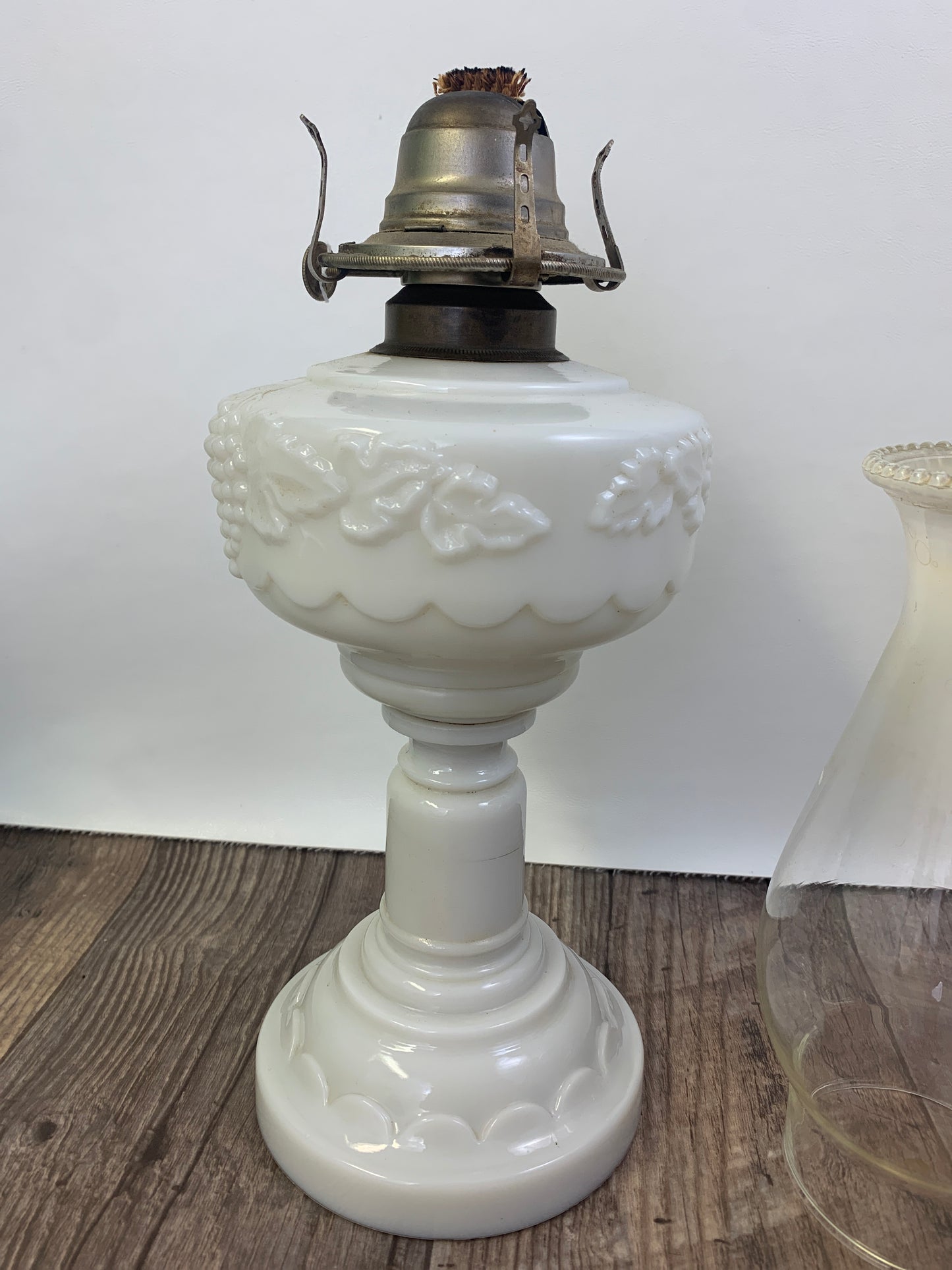 Milk Glass Pedestal Oil Lamp with Grapevine Pattern Early American Oil Lamp Made in USA White Flame Burner Grand Rapids Michigan