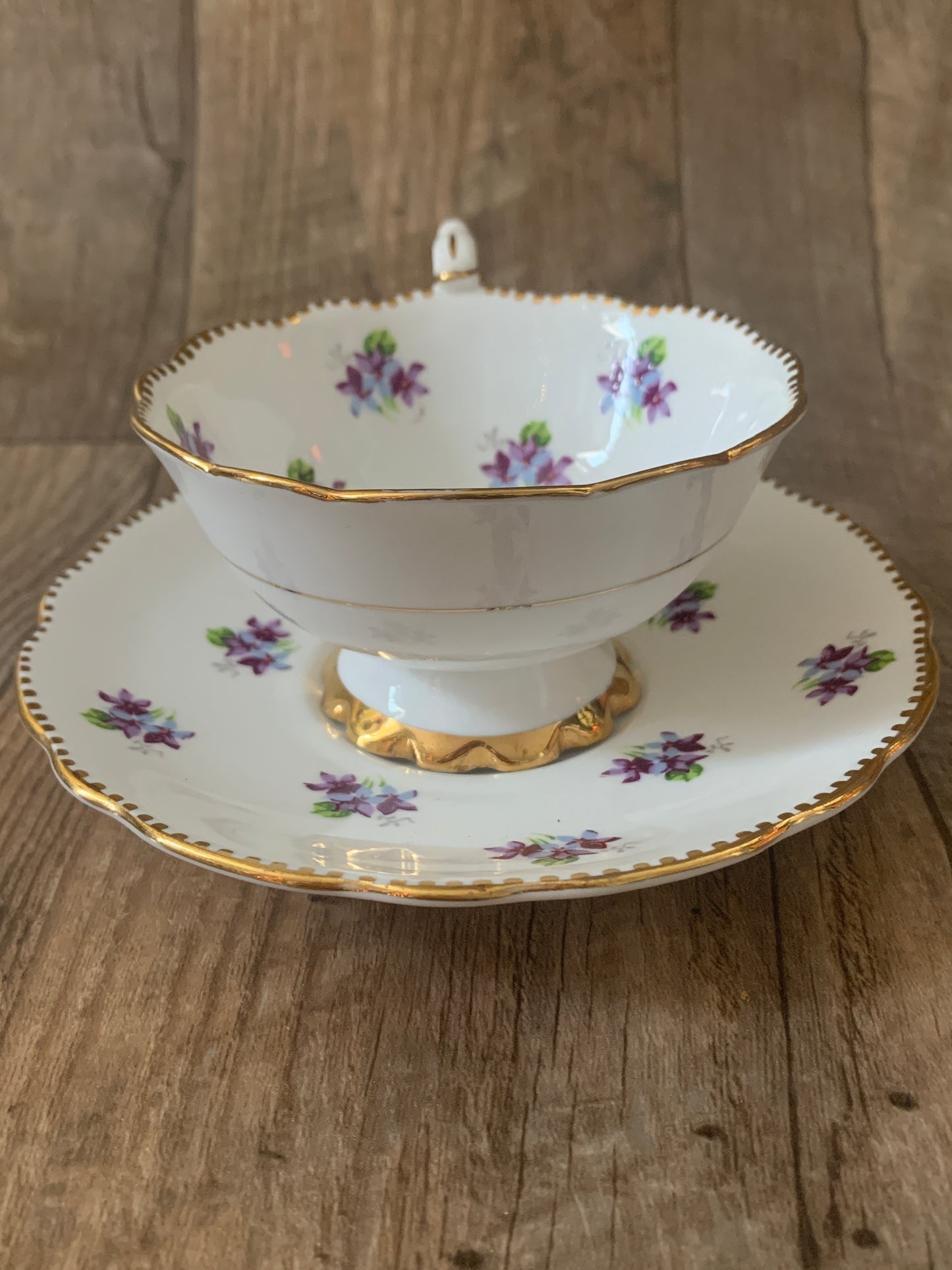 Vintage Teacup and Saucer with Purple Violets Wide Mouth Tea Cup and Saucer Set Mothers Day Gifts