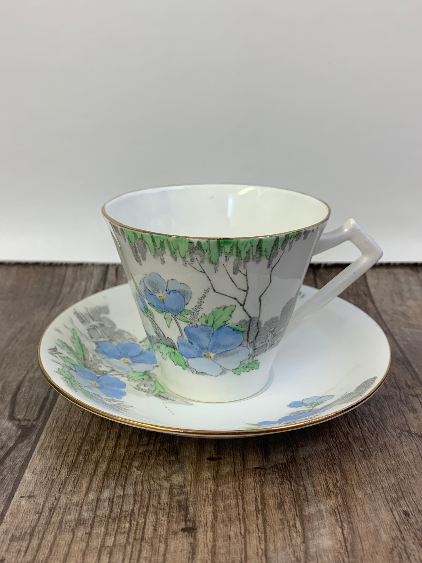 Vintage Teacup with Hand Painted Blue Green and Grey Garden Scene Royal York Fine Bone China