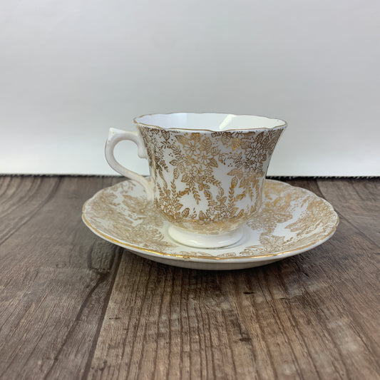 White and Gold Floral Teacup Royal Vale Vintage Tea Cup and Saucer