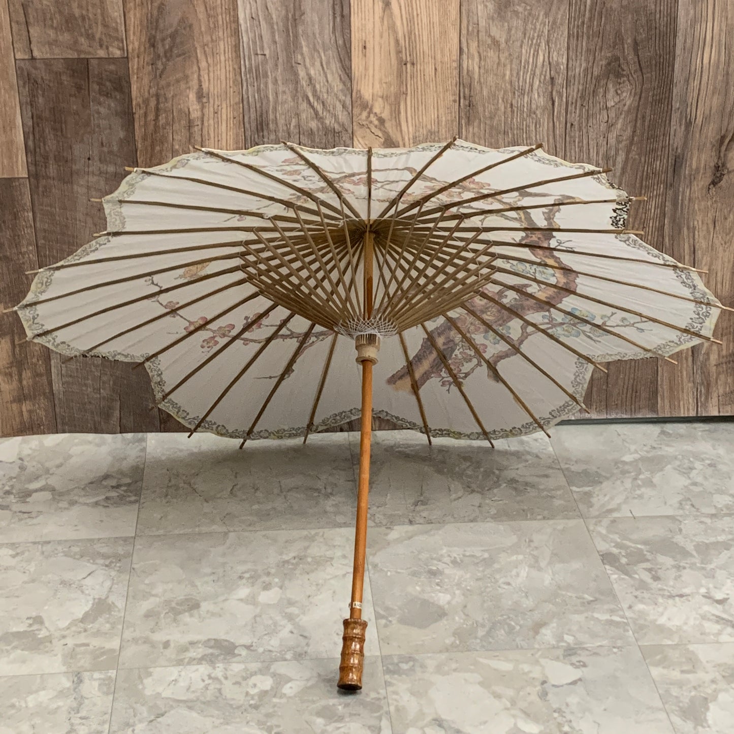 Vintage Rice Paper Parasol with Cherry Blossom Design and Scalloped Edge
