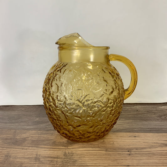 Vintage Crinkle Glass Juice Jug, Anchor Hocking Lido Milano Amber Ball Pitcher